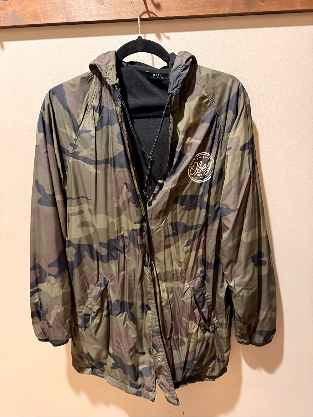Obey Men's Camo Hooded Windbreaker Jacket - Olive/Brown/Black